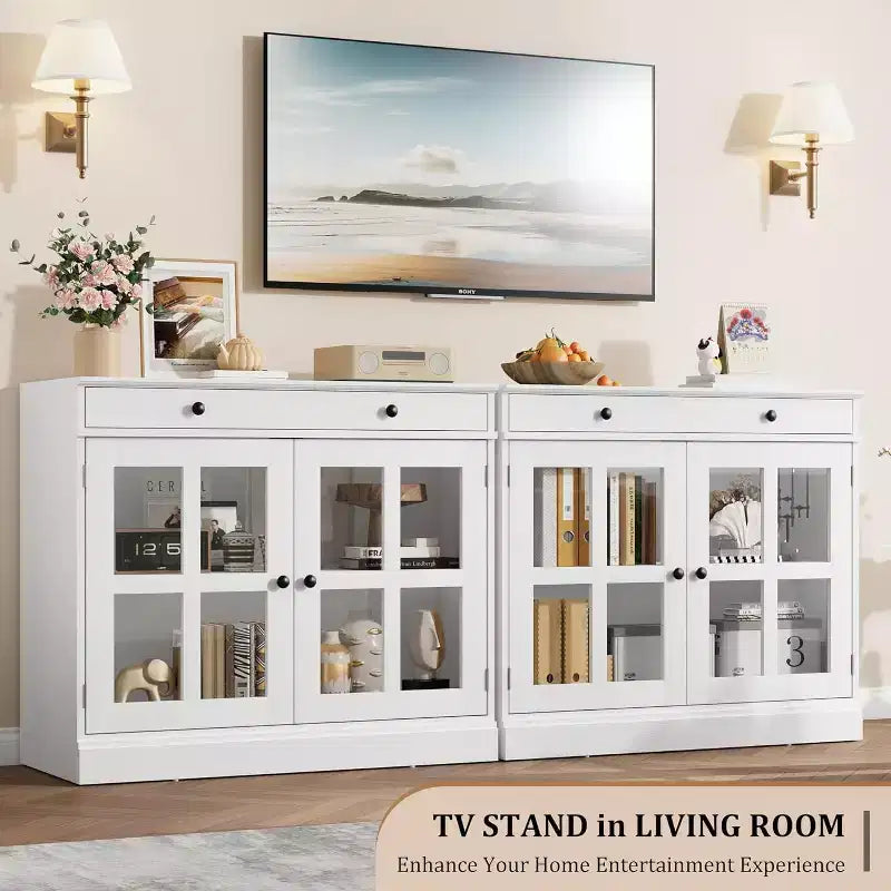 Buffet Bahut de 35,4'' de Large avec Porte en Verre et Tiroir, Armoire de Rangement Réglable pour Salle à Manger, Cuisine ou Salon