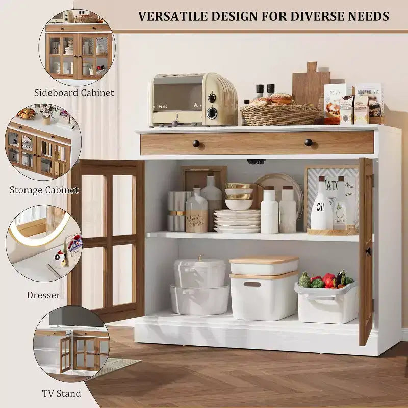 Buffet Bahut de 35,4'' de Large avec Porte en Verre et Tiroir, Armoire de Rangement Réglable pour Salle à Manger, Cuisine ou Salon