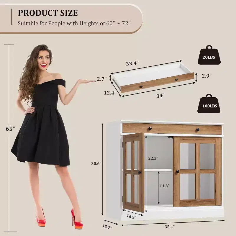 Buffet Bahut de 35,4'' de Large avec Porte en Verre et Tiroir, Armoire de Rangement Réglable pour Salle à Manger, Cuisine ou Salon
