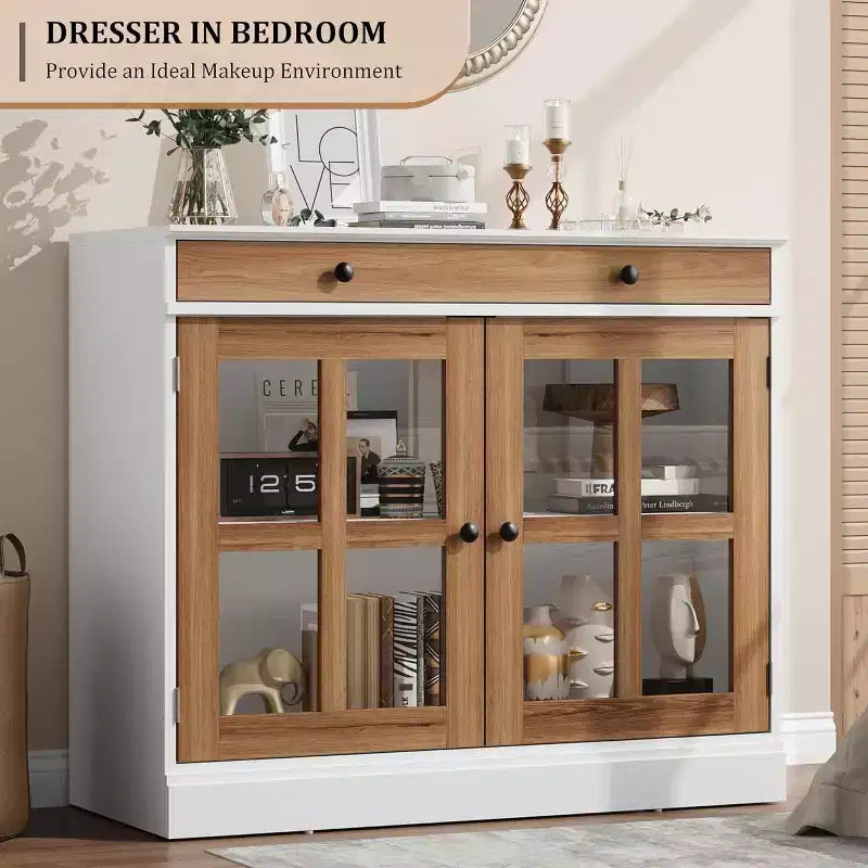 Buffet Bahut de 35,4'' de Large avec Porte en Verre et Tiroir, Armoire de Rangement Réglable pour Salle à Manger, Cuisine ou Salon