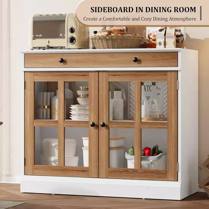 Buffet Bahut de 35,4'' de Large avec Porte en Verre et Tiroir, Armoire de Rangement Réglable pour Salle à Manger, Cuisine ou Salon