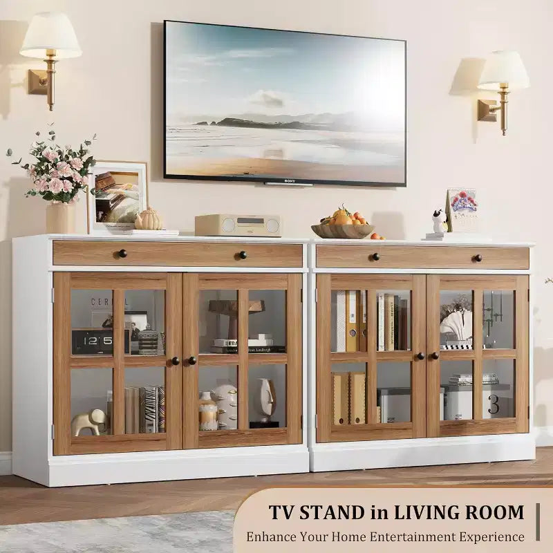 Buffet Bahut de 35,4'' de Large avec Porte en Verre et Tiroir, Armoire de Rangement Réglable pour Salle à Manger, Cuisine ou Salon