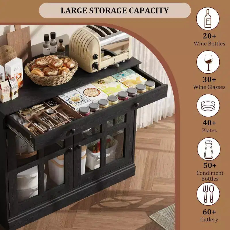 Buffet Bahut de 35,4'' de Large avec Porte en Verre et Tiroir, Armoire de Rangement Réglable pour Salle à Manger, Cuisine ou Salon