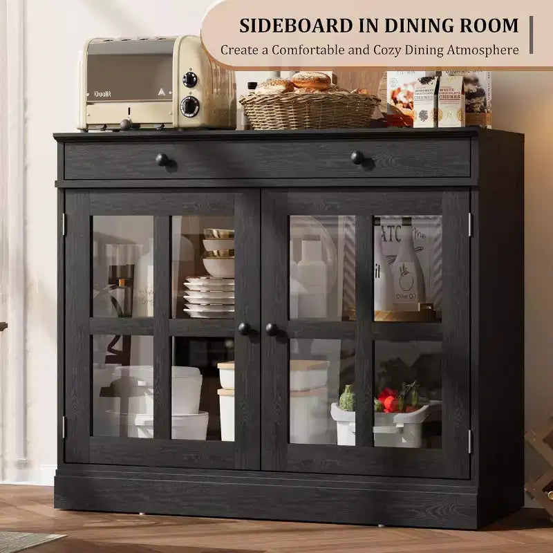 Buffet Bahut de 35,4'' de Large avec Porte en Verre et Tiroir, Armoire de Rangement Réglable pour Salle à Manger, Cuisine ou Salon