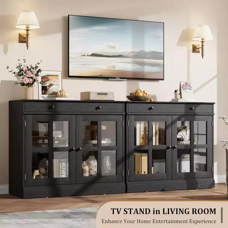 Buffet Bahut de 35,4'' de Large avec Porte en Verre et Tiroir, Armoire de Rangement Réglable pour Salle à Manger, Cuisine ou Salon