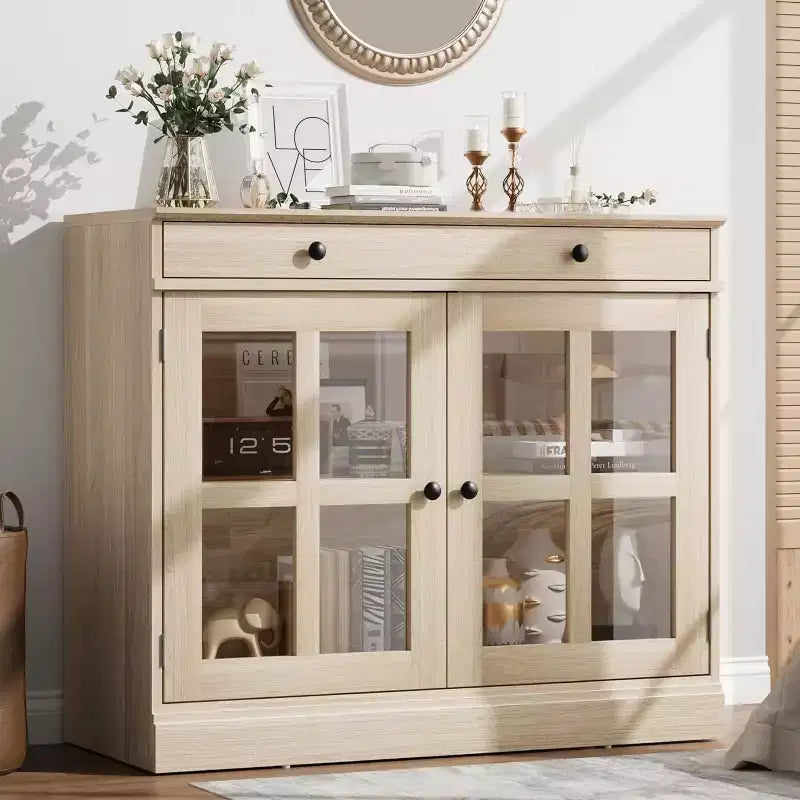 Buffet Bahut de 35,4'' de Large avec Porte en Verre et Tiroir, Armoire de Rangement Réglable pour Salle à Manger, Cuisine ou Salon