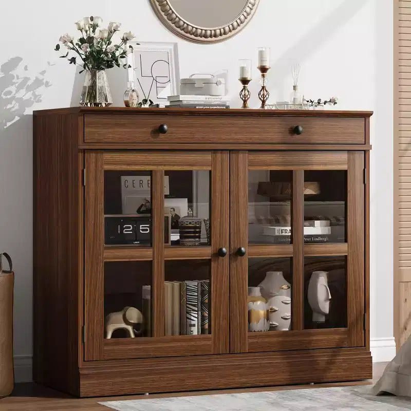 Buffet Bahut de 35,4'' de Large avec Porte en Verre et Tiroir, Armoire de Rangement Réglable pour Salle à Manger, Cuisine ou Salon