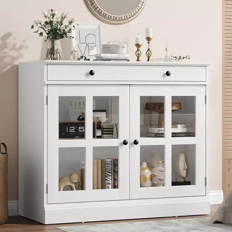 Buffet Bahut de 35,4'' de Large avec Porte en Verre et Tiroir, Armoire de Rangement Réglable pour Salle à Manger, Cuisine ou Salon