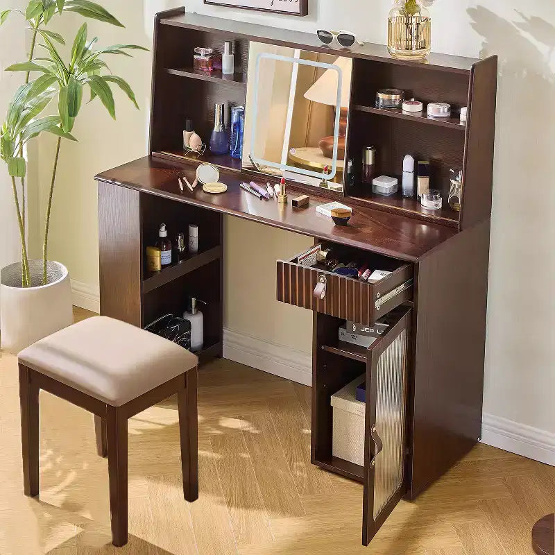 Coiffeuse Moderne GDFStudio Cadi avec Miroir Coulissant à Lumière LED 3 Couleurs et Tabouret en Similicuir