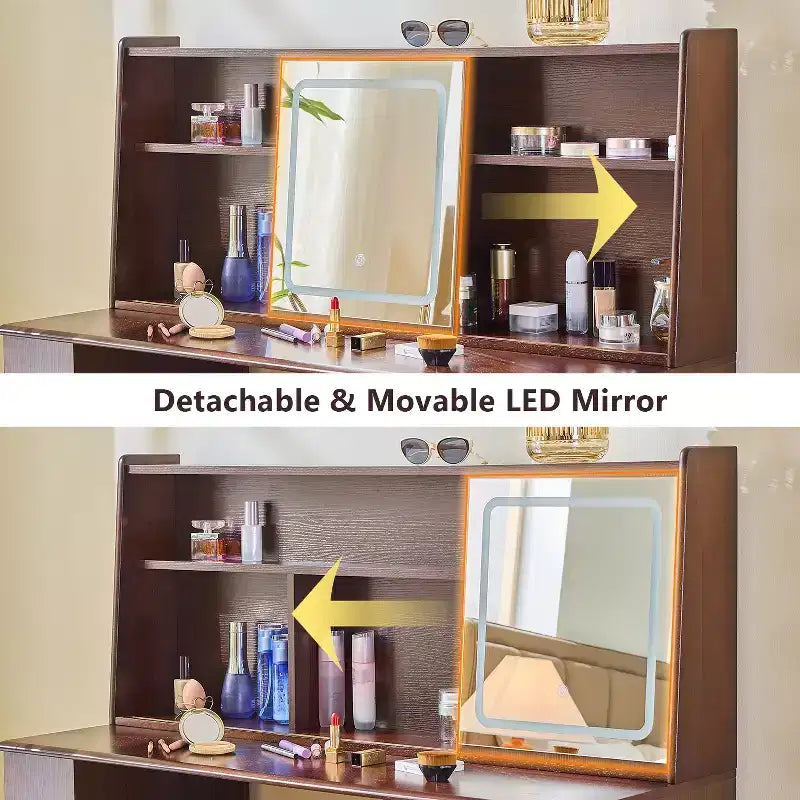 Coiffeuse Moderne GDFStudio Cadi avec Miroir Coulissant à Lumière LED 3 Couleurs et Tabouret en Similicuir