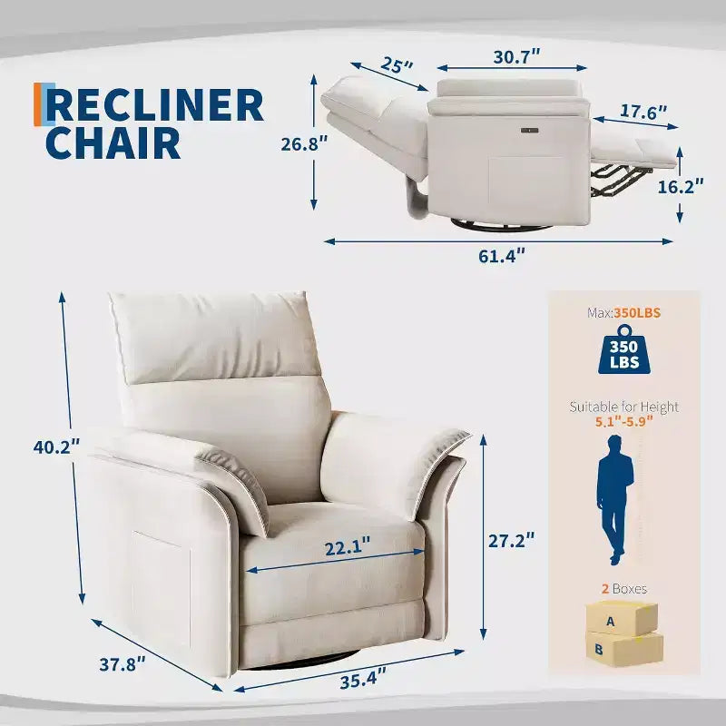 Fauteuil inclinable électrique avec port USB, fauteuil à bascule pivotant à 270° avec assise large et tissu chenille, pour salon ou chambre de bébé