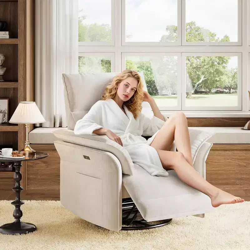 Fauteuil inclinable électrique avec port USB, fauteuil à bascule pivotant à 270° avec assise large et tissu chenille, pour salon ou chambre de bébé