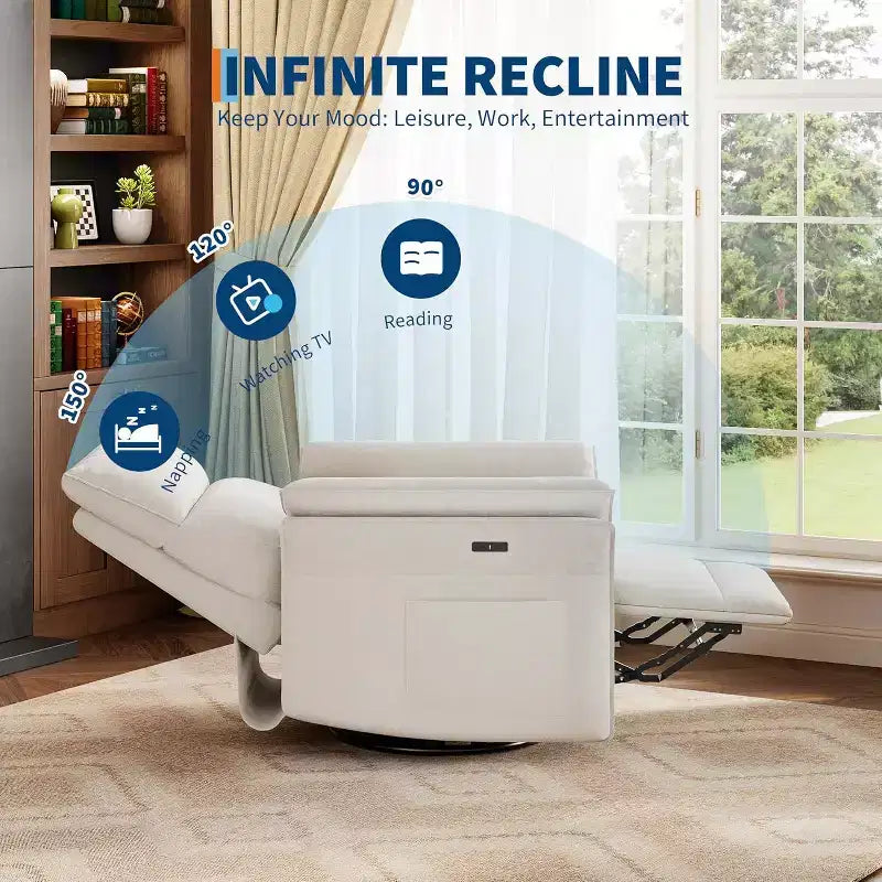 Fauteuil inclinable électrique avec port USB, fauteuil à bascule pivotant à 270° avec assise large et tissu chenille, pour salon ou chambre de bébé