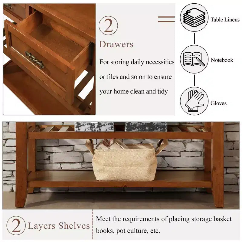 TUYOHW 42 Table Console en Bois avec 2 Tiroirs et Étagères Ouvertes, Buffet D'Entrée Rustique avec Poignées en Fer pour Cuisine, Salon, Entrée, Couloir