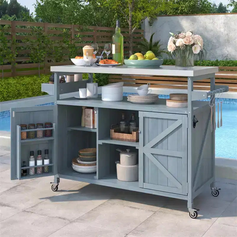 Chariot de barbecue portable avec rangement, table de préparation de barbecue en PEHD étanche avec plateau en acier inoxydable 304, utilisation par tous les temps, chariot de camping avec roues