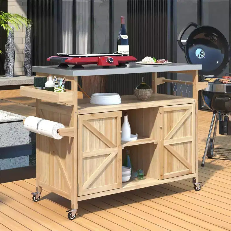 Chariot de barbecue portable avec rangement, table de préparation de barbecue en PEHD étanche avec plateau en acier inoxydable 304, utilisation par tous les temps, chariot de camping avec roues