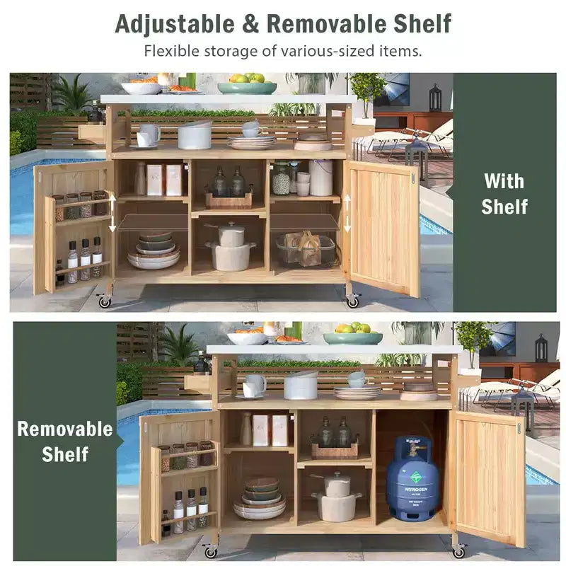 Chariot de barbecue portable avec rangement, table de préparation de barbecue en PEHD étanche avec plateau en acier inoxydable 304, utilisation par tous les temps, chariot de camping avec roues