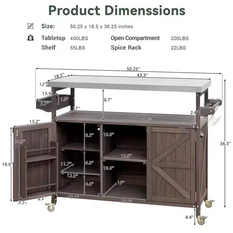 Chariot de barbecue portable avec rangement, table de préparation de barbecue en PEHD étanche avec plateau en acier inoxydable 304, utilisation par tous les temps, chariot de camping avec roues