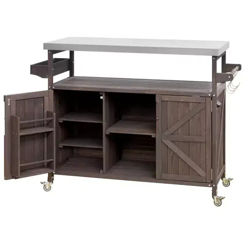 Chariot de barbecue portable avec rangement, table de préparation de barbecue en PEHD étanche avec plateau en acier inoxydable 304, utilisation par tous les temps, chariot de camping avec roues