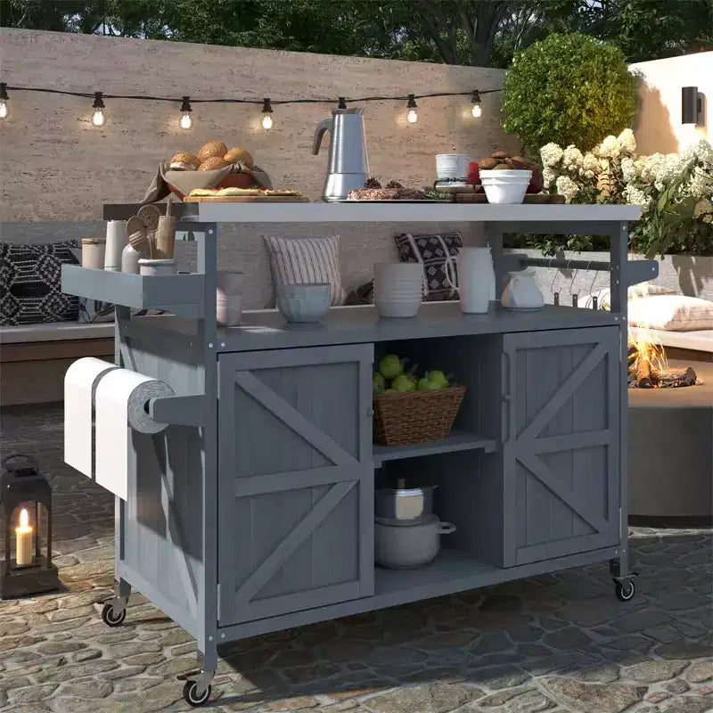 Chariot de barbecue portable avec rangement, table de préparation de barbecue en PEHD étanche avec plateau en acier inoxydable 304, utilisation par tous les temps, chariot de camping avec roues