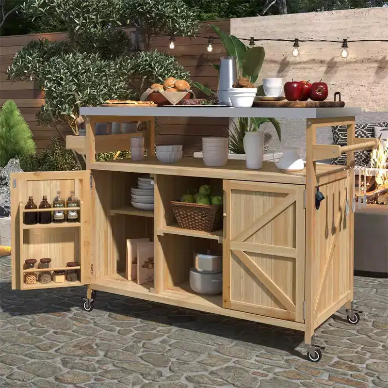 Chariot de barbecue portable avec rangement, table de préparation de barbecue en PEHD étanche avec plateau en acier inoxydable 304, utilisation par tous les temps, chariot de camping avec roues
