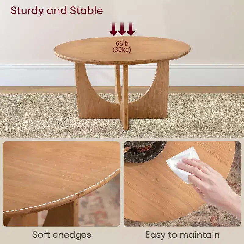 Maxax – Table basse ronde de 31,1 po en bois de chêne naturel avec base découpée pour salon et espaces de ferme
