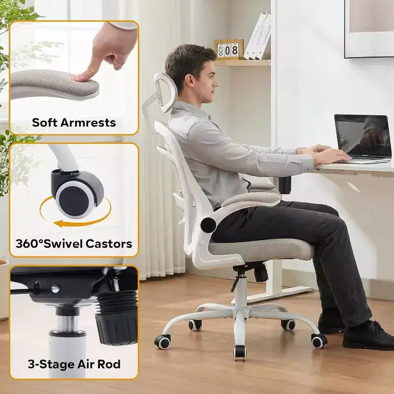 Chaise de bureau ergonomique, chaise de bureau d'ordinateur confortable avec accoudoirs relevables, chaise de jeu confortable avec support lombaire pour chambre à coucher, bureau, étudiant, siège large