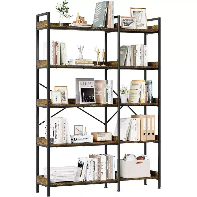 5 Tier Corner Bookshelf with 4 Hooks, Wooden Bookcase with Open Storage Shelves and Metal Frame, Freestanding Storage Organizer for Home Office