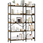 5 Tier Corner Bookshelf with 4 Hooks, Wooden Bookcase with Open Storage Shelves and Metal Frame, Freestanding Storage Organizer for Home Office