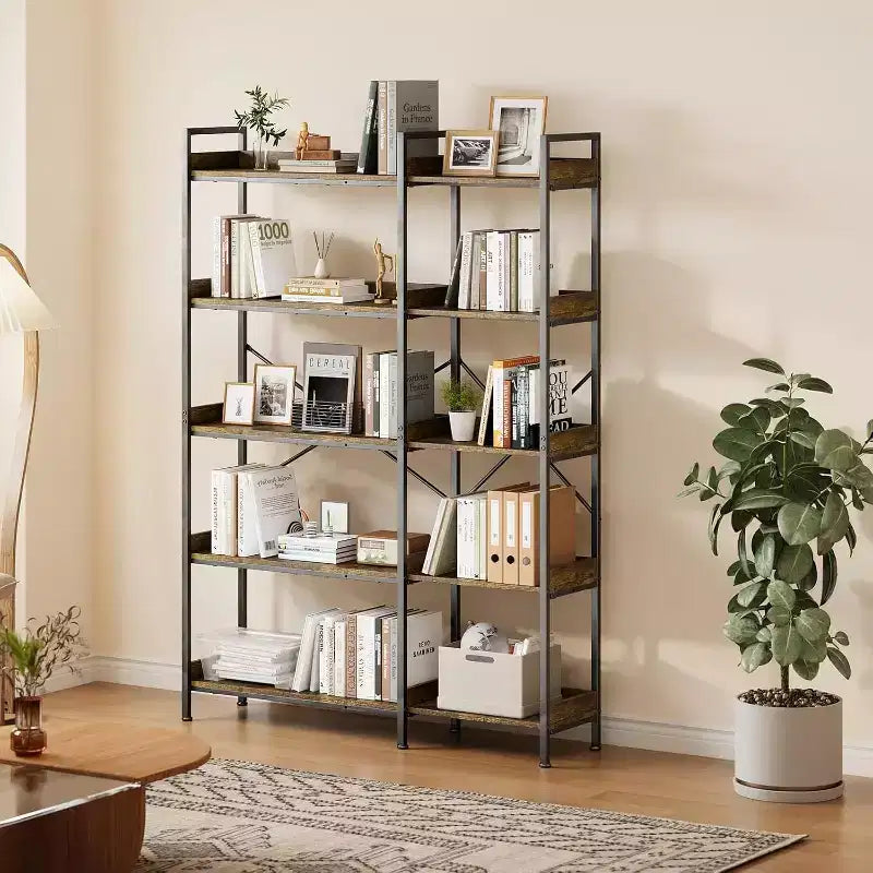 Étagère d'angle à 5 niveaux avec 4 crochets, bibliothèque en bois avec étagères de rangement ouvertes et cadre en métal, organisateur de rangement autoportant pour bureau à domicile