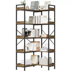 Étagère d'angle à 5 niveaux avec 4 crochets, bibliothèque en bois avec étagères de rangement ouvertes et cadre en métal, organisateur de rangement autoportant pour bureau à domicile