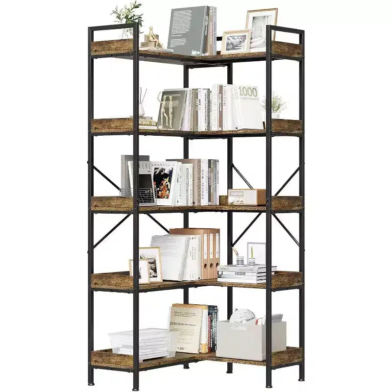 Étagère d'angle à 5 niveaux avec 4 crochets, bibliothèque en bois avec étagères de rangement ouvertes et cadre en métal, organisateur de rangement autoportant pour bureau à domicile
