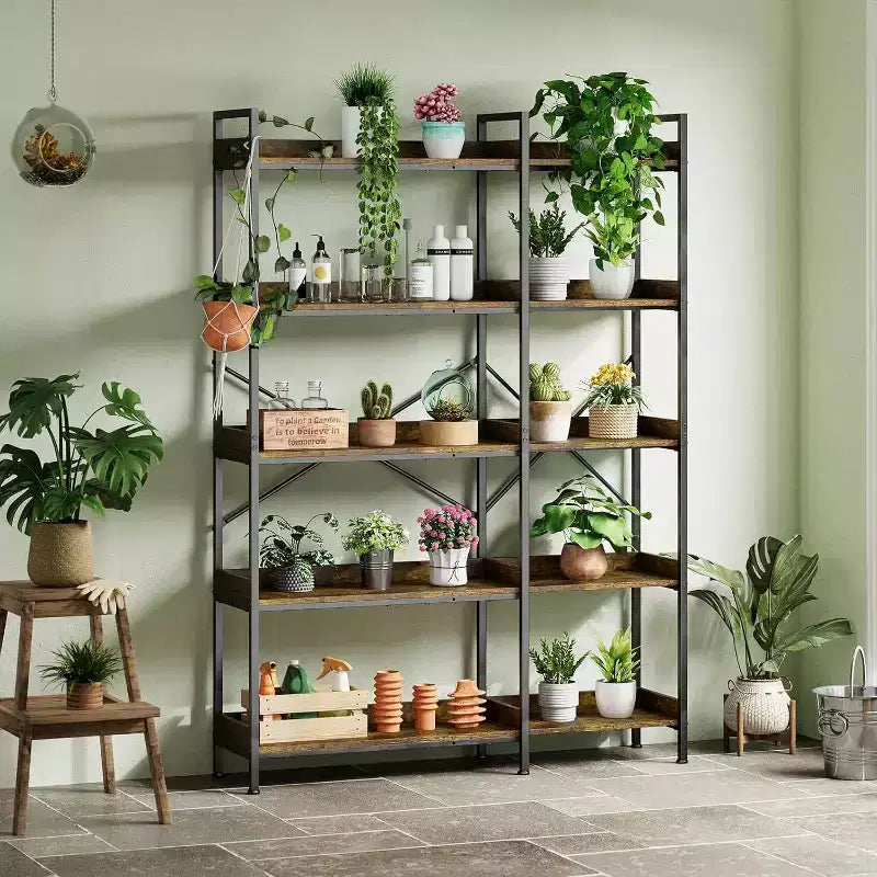 Étagère d'angle à 5 niveaux avec 4 crochets, bibliothèque en bois avec étagères de rangement ouvertes et cadre en métal, organisateur de rangement autoportant pour bureau à domicile