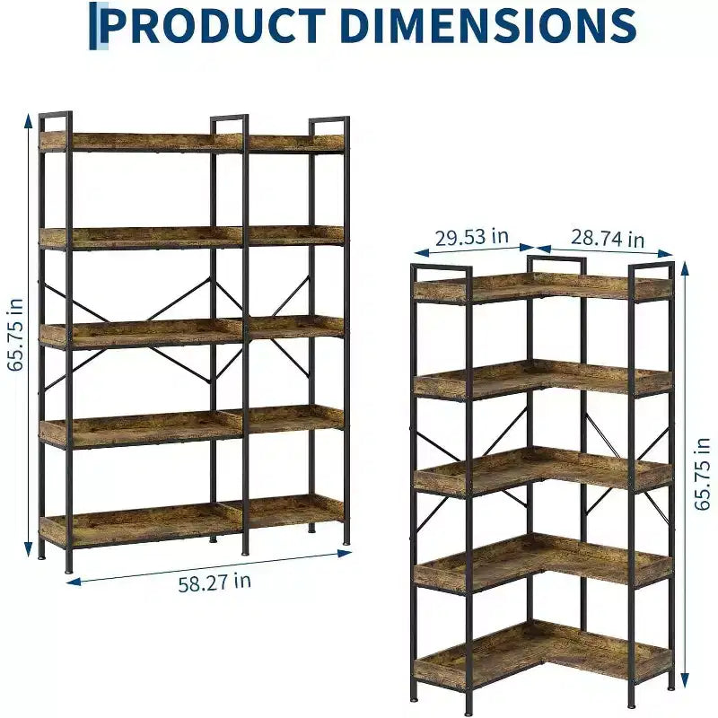 Étagère d'angle à 5 niveaux avec 4 crochets, bibliothèque en bois avec étagères de rangement ouvertes et cadre en métal, organisateur de rangement autoportant pour bureau à domicile