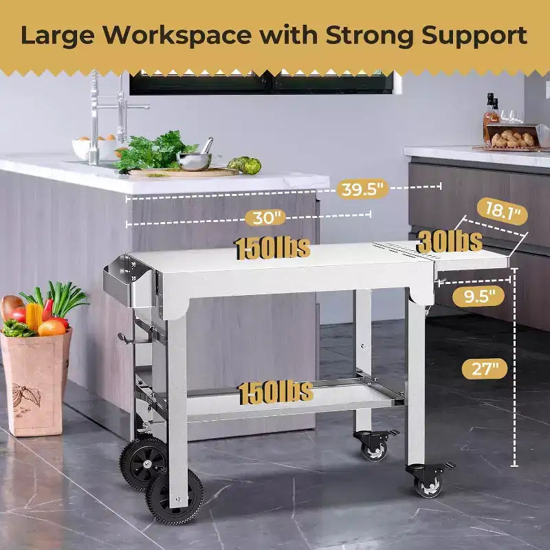 Gril et table de préparation pliables portables avec roulettes, support de barbecue en acier inoxydable pour le camping, les pique-niques et la cuisine en plein air, chariot de salle à manger roulant