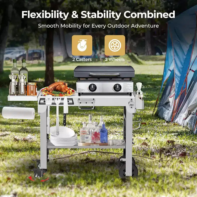 Gril et table de préparation pliables portables avec roulettes, support de barbecue en acier inoxydable pour le camping, les pique-niques et la cuisine en plein air, chariot de salle à manger roulant
