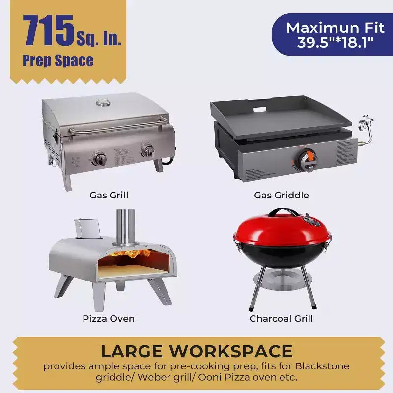 Gril et table de préparation pliables portables avec roulettes, support de barbecue en acier inoxydable pour le camping, les pique-niques et la cuisine en plein air, chariot de salle à manger roulant