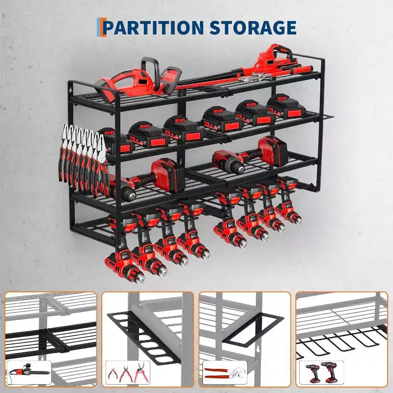 COZONY Étagère de Rangement Murale Robuste pour Outils, Support Métallique à 4 Niveaux pour Garage avec 8 Fentes et Crochets pour Perceuse, Capacité de 109 kg, Organisateur d'Outils pour Atelier