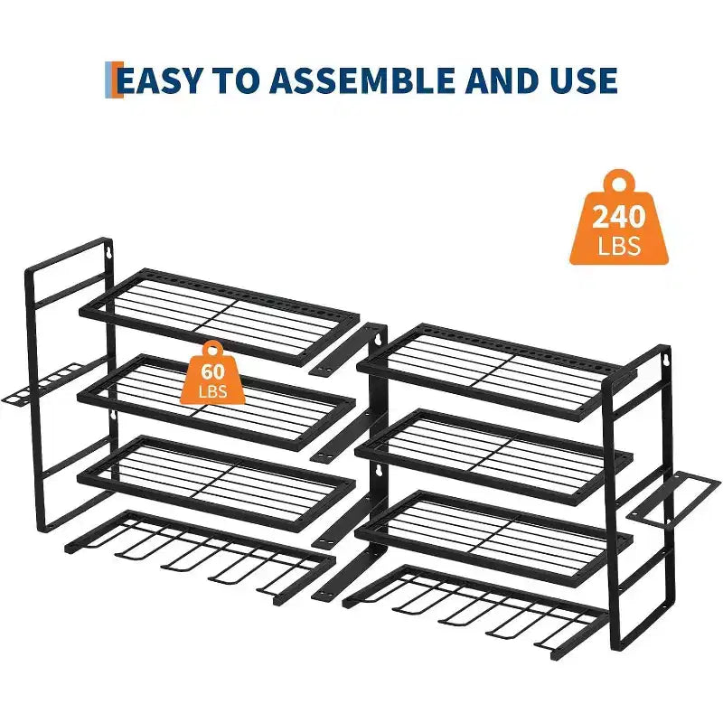 COZONY Étagère de Rangement Murale Robuste pour Outils, Support Métallique à 4 Niveaux pour Garage avec 8 Fentes et Crochets pour Perceuse, Capacité de 109 kg, Organisateur d'Outils pour Atelier