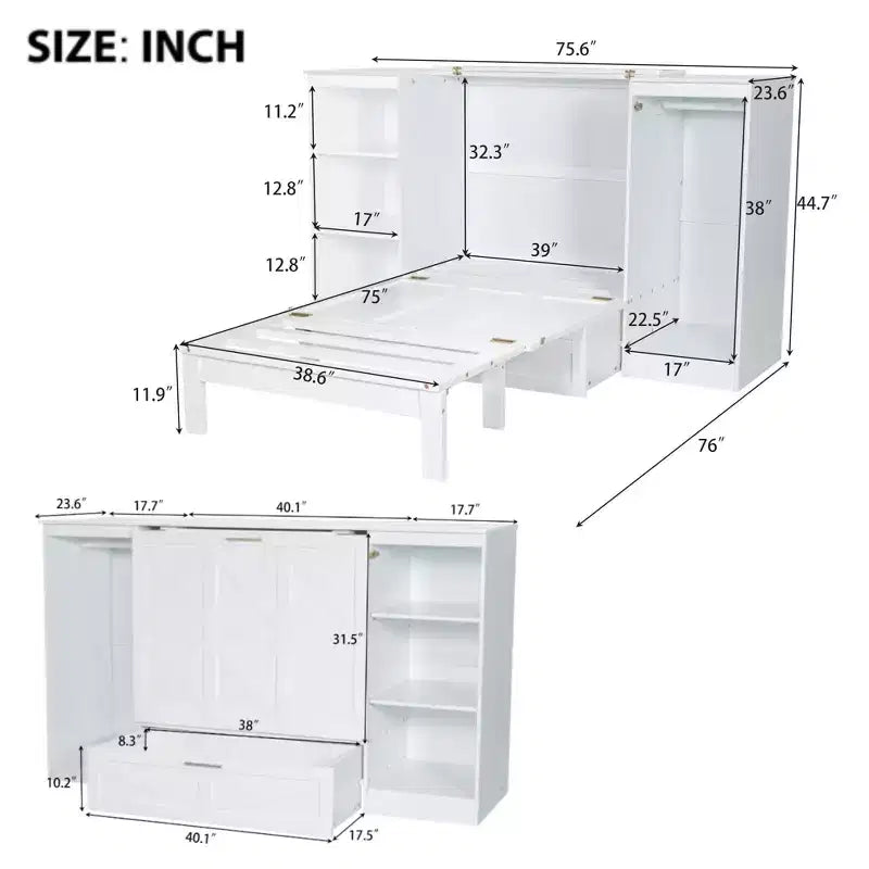 Lit escamotable double Clihome avec étagères de chevet et armoire