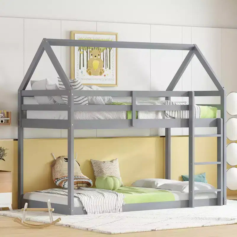 Bellemave Lit Superposé Jumeau sur Jumeau de type Maison avec Échelle et Barrières de Sécurité, Cadre de Lit Superposé en Bois d'Hévéa pour Enfants