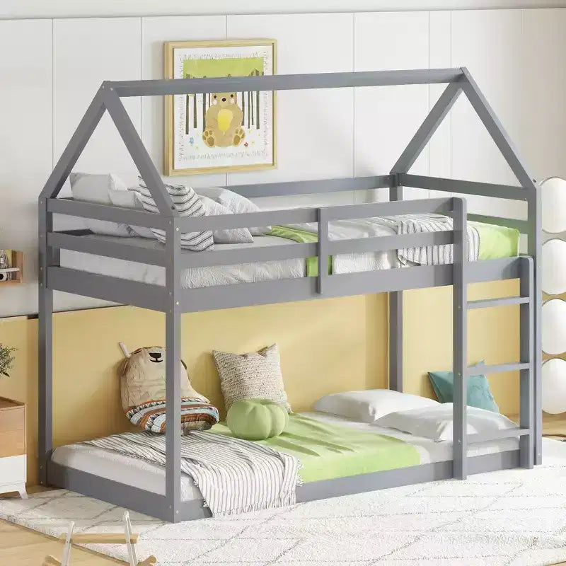 Bellemave Lit Superposé Jumeau sur Jumeau de type Maison avec Échelle et Barrières de Sécurité, Cadre de Lit Superposé en Bois d'Hévéa pour Enfants