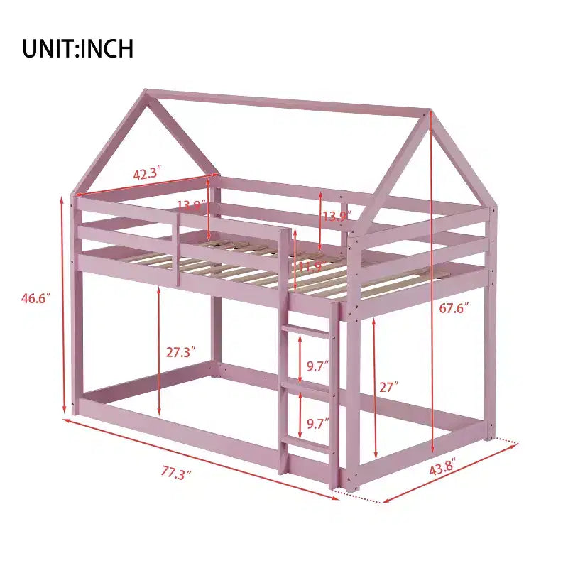 Bellemave Lit Superposé Jumeau sur Jumeau de type Maison avec Échelle et Barrières de Sécurité, Cadre de Lit Superposé en Bois d'Hévéa pour Enfants