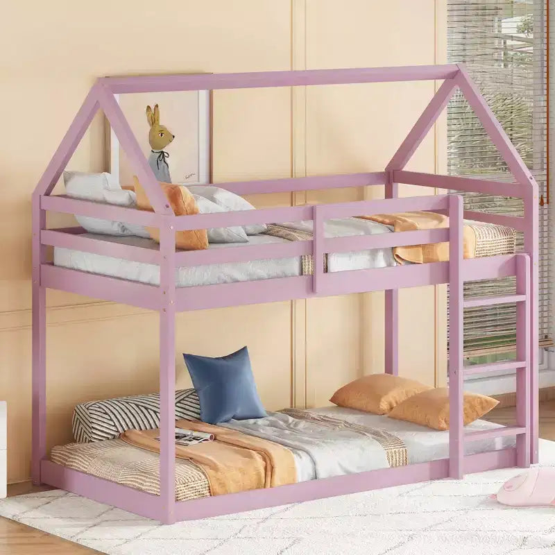 Bellemave Lit Superposé Jumeau sur Jumeau de type Maison avec Échelle et Barrières de Sécurité, Cadre de Lit Superposé en Bois d'Hévéa pour Enfants