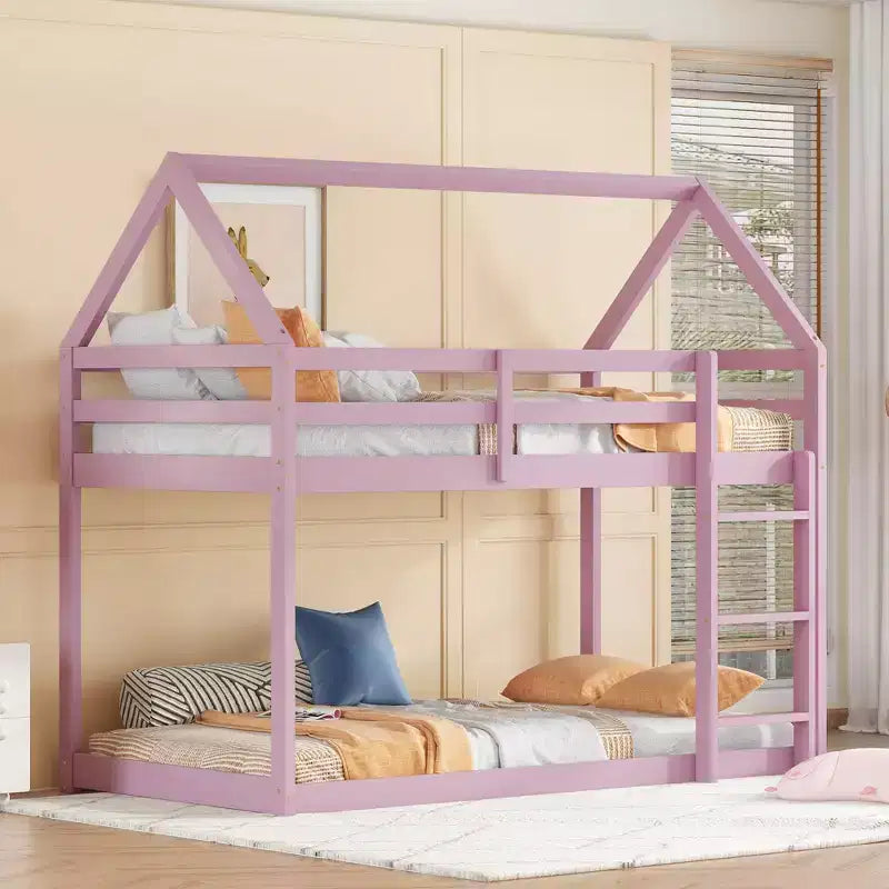 Bellemave Lit Superposé Jumeau sur Jumeau de type Maison avec Échelle et Barrières de Sécurité, Cadre de Lit Superposé en Bois d'Hévéa pour Enfants