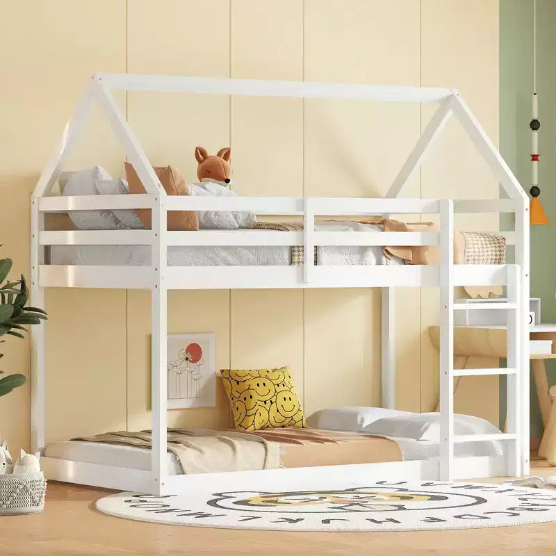 Bellemave Lit Superposé Jumeau sur Jumeau de type Maison avec Échelle et Barrières de Sécurité, Cadre de Lit Superposé en Bois d'Hévéa pour Enfants