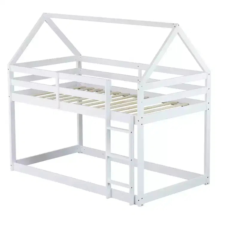 Bellemave Lit Superposé Jumeau sur Jumeau de type Maison avec Échelle et Barrières de Sécurité, Cadre de Lit Superposé en Bois d'Hévéa pour Enfants
