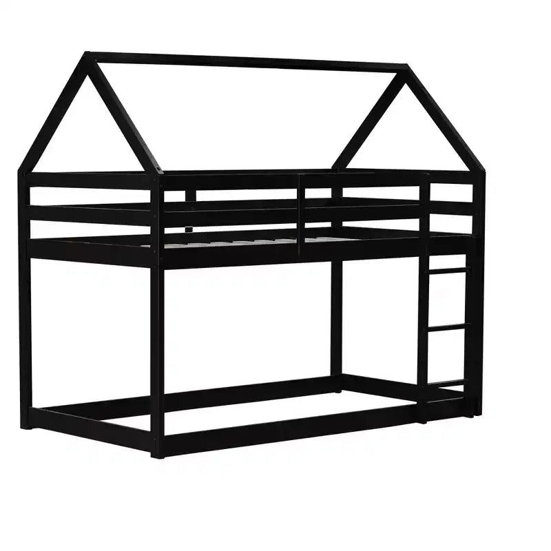 Bellemave Lit Superposé Jumeau sur Jumeau de type Maison avec Échelle et Barrières de Sécurité, Cadre de Lit Superposé en Bois d'Hévéa pour Enfants