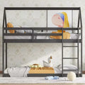 Bellemave Twin over Twin House Floor Bunk Bed with Ladder and Guardrails,Rubber Wood House Bunk Bed Frame for Kids