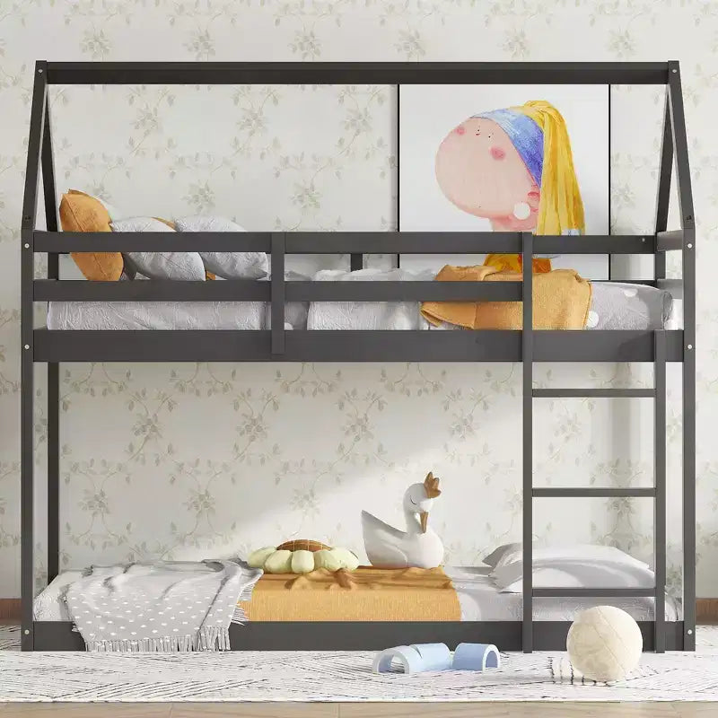 Bellemave Twin over Twin House Floor Bunk Bed with Ladder and Guardrails,Rubber Wood House Bunk Bed Frame for Kids